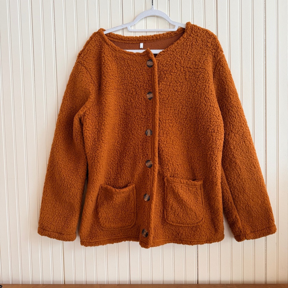 Rust Orange Sherpa Fleece Button Front‎ Teddy Jacket Pockets Size XXL Soft Cozy